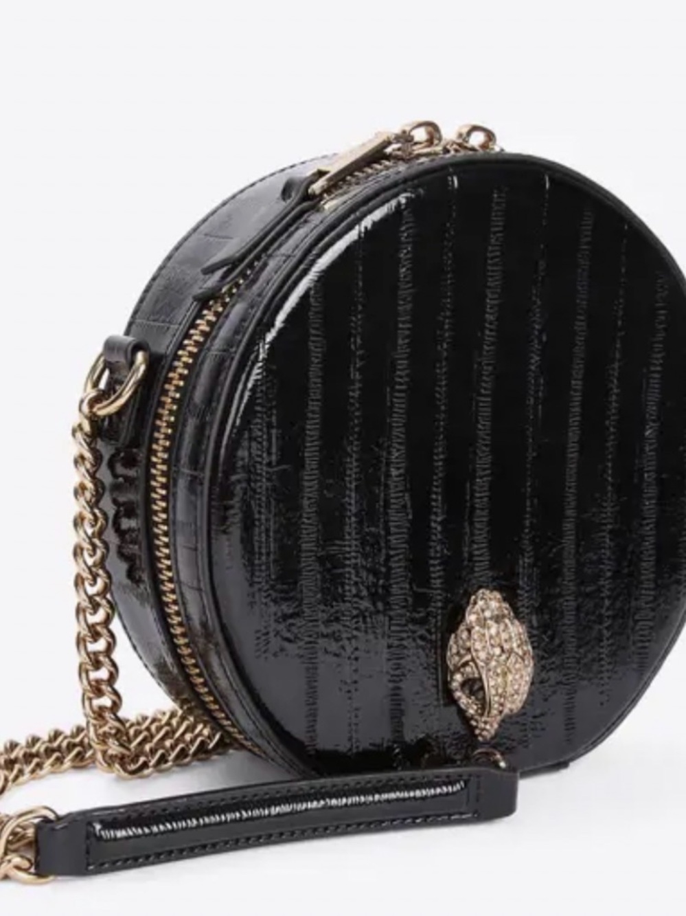 Kurt Geiger Black Patent Round Crossbody with Gold Chain Accents